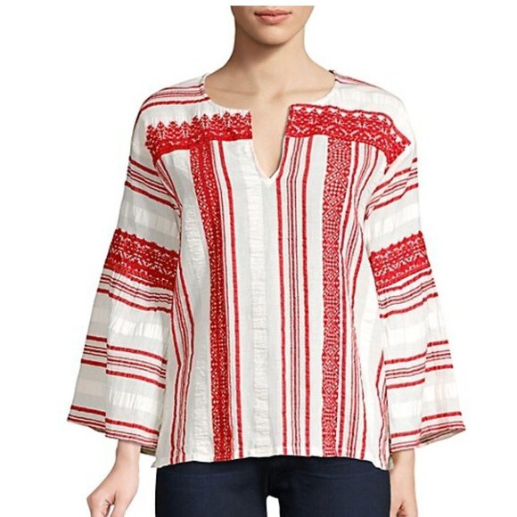 Joie Selba Stripe Bell Sleeve Embroidered Cotton Blouse Cherry Red White XS NWT - Picture 1 of 9